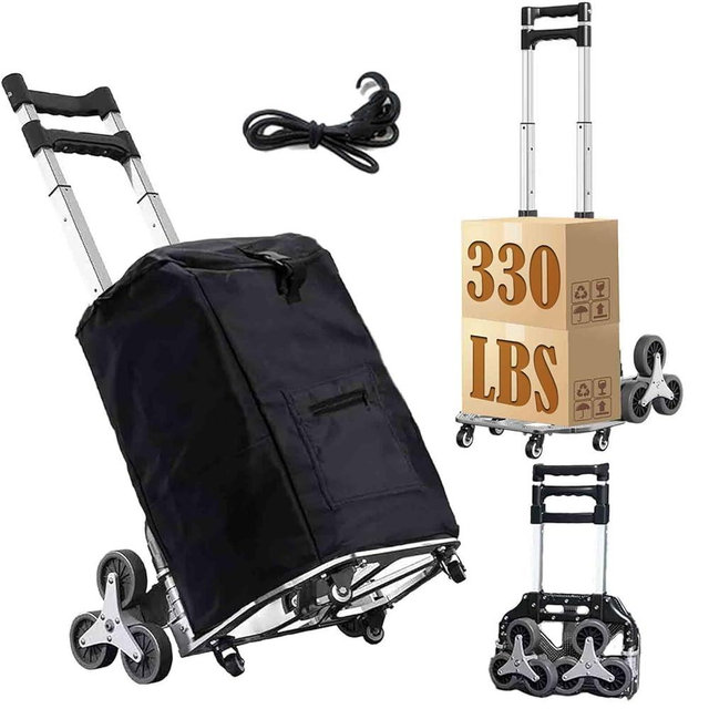 Stair Climbing Dolly, 330LB Capacity Collapsible Stair Climbing Cart,Stair Climbing Hand Trucks with Bungee Cord and Swivel Wheels 50L Shopping Bag, for Moving, Shopping, Office Use