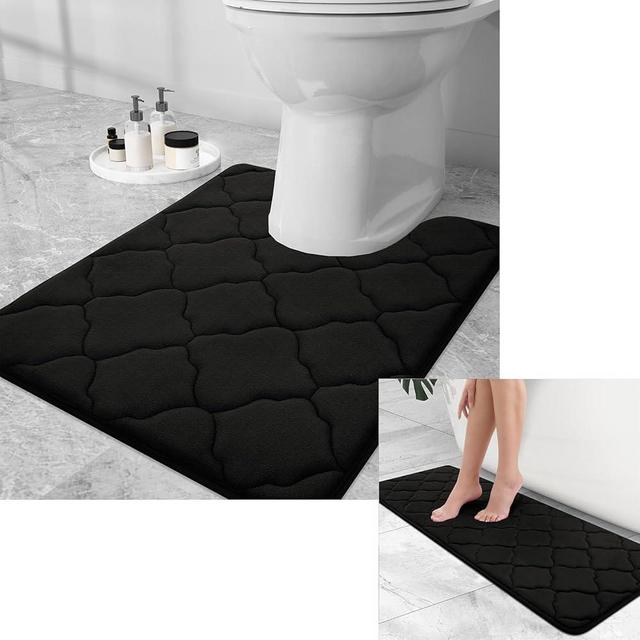 OLANLY Memory Foam Bath Rug and Toilet Rug U-Shaped, Bath Rug Size 47X17 and Toilet Rug Size 20X20 in Black, 2 Item Bundle