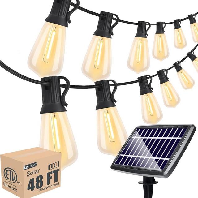 Lightdot 48FT LED Solar Outdoor String Lights, LED Bistro String Lights with Shatterproof ST38 Vintage Bulbs, 2200K Dimmable, Waterproof Hanging Lights for Bistro Garden Porch Deck Backyard Balcony