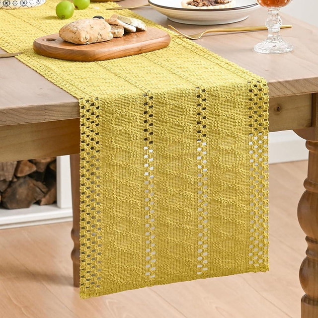 Artoid Mode Yellow Farmhouse Woven Rustic Hollow Table Runner, Seasonal Holiday Hollow Kitchen Dining Table Decoration for Home Party Decor 12x60 Inch