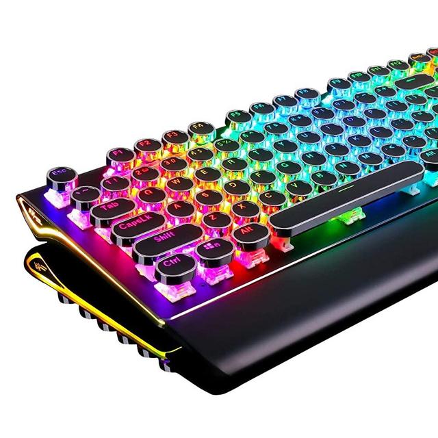 RK ROYAL KLUDGE Typewriter Style Mechanical Gaming Keyboard with True RGB Backlit Collapsible Wrist Rest 108-Key Blue Switch Retro Round Keycap - Black