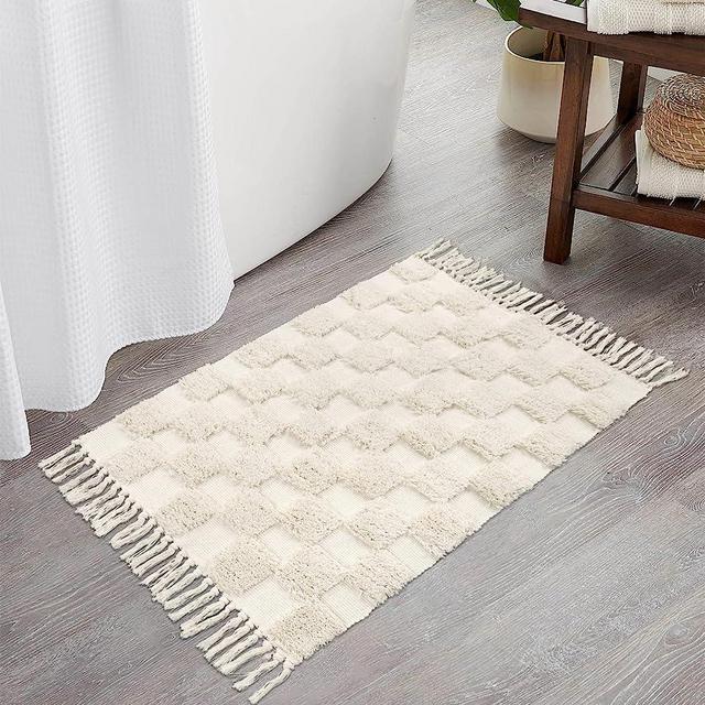 Lanffia Boho Bathroom Rug 2x3, Washable Checkerboard Tufted Rug, Washable Beige Cotton Rug with Tassels Bohemian Kitchen Runner Rug Farmhouse Throw Rugs for Bedroom/Laundry/Doorway/Porch