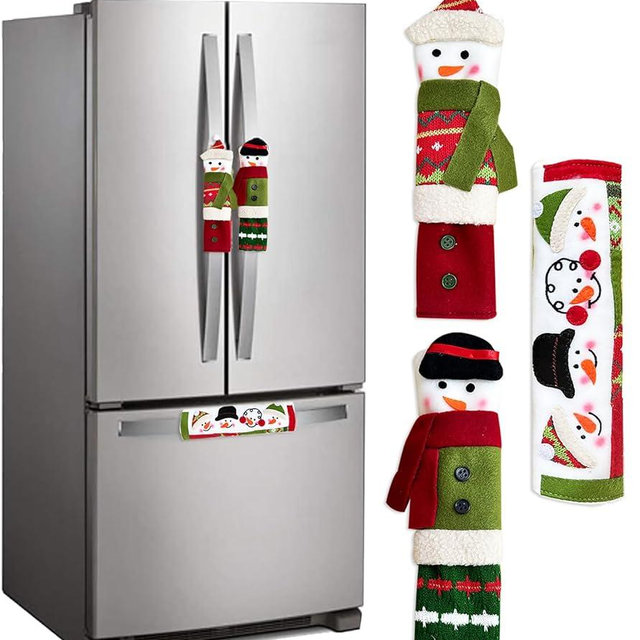 PTFNY 3 Piece Set Christmas Snowman Refrigerator Door Handle Covers Appliance Handle Covers Christmas Decorations Fits Standard Size Kitchen Refrigerator Microwave Oven Or Dishwasher