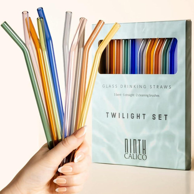 10 Pcs Reusable Glass Drinking Straws, Colorful and Durable Glass Straws for Beverages, Smoothies, Iced Coffee, Matcha, Juice, Set of 10-5 Straight, 5 Bent, 2 Cleaning Brushes - (Twilight Set)