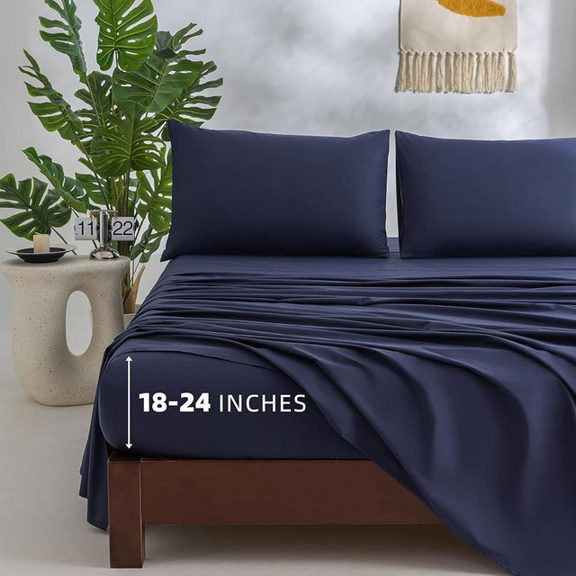 Jessrydo 100% Cotton Sheets Queen Size Sheets Deep Pocket Fits 18"-24" Mattress Luxury Soft Breathable Cooling Navy Blue Cotton Queen Sheet Set 4 Pieces Cotton Bed Sheets