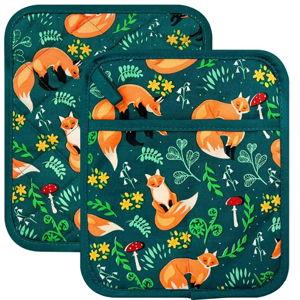 Pot Holders Set of 2 Heat Resistant 480℉ Kitchen 100% Cotton Comfortable Lining Printing Fox Flower Women Men Home Cooking Baking Microwave BBQ Gift(Fox Flower)