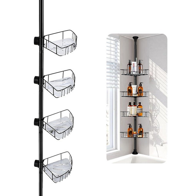 Matte Black Corner Shower Caddy Tension Pole, Rustproof Tension Shower Caddy Bathroom Organizer, 4 Basket Racks With White Marbleized Decorative Panels, 44-125 Inch Floor To Ceiling Shower Caddy