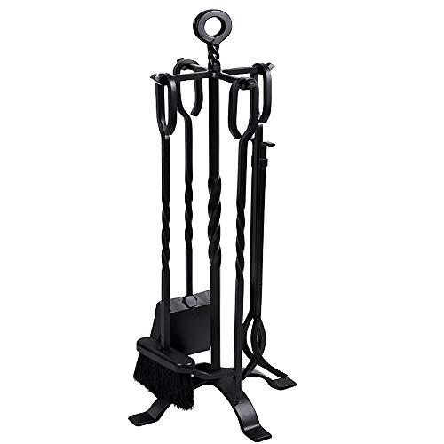 5 Pieces Fireplace Tools Tool Set Wrought Iron Fire Set Fire Place Pit Poker Wood Stove Log Tongs Holder Tools Kit Sets with Handles Modern Black