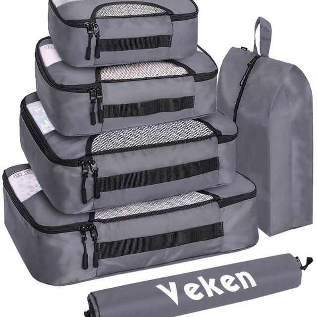 Veken 6 Set Packing Cubes, Travel Luggage Organizers with Laundry Bag Shoe Bag (Gray)