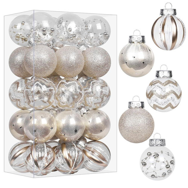 SY Super Bang 30PCS Champagne Christmas Ornaments Set, 60MM/2.36" Clear Plastic Shatterproof Ball Ornaments for Christmas Tree Hanging Decorations, for Home Holiday Party Xmas Decor.