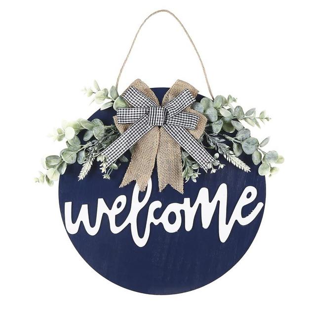 Sattiyrch Welcome Sign for Front Door Round Wood Sign Hanging for Farmhouse porch Door Decoration (Blue)