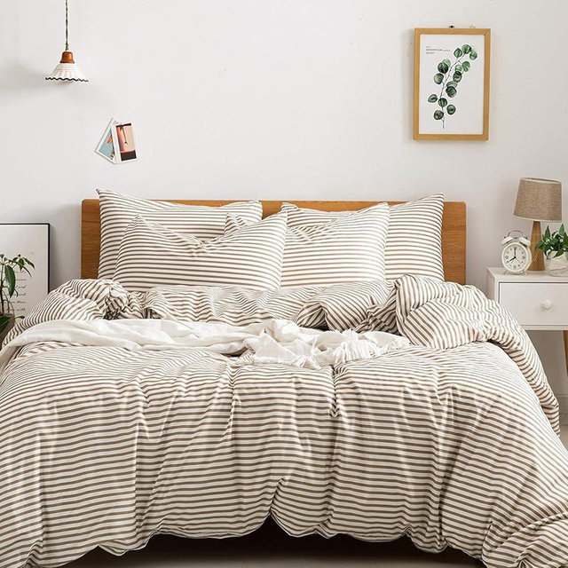 JELLYMONI Oversized King Duvet Cover Set, Cotton Duvet Cover 3 Pieces with Zipper Closure, 1 Duvet Cover and 2 Pillowcases(White with Khaki Striped)