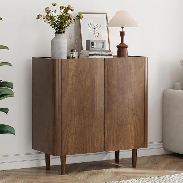 Smart FENDEE Buffet Cabinet with Storage, Storage Cabinet with Curved Edge, Accent Sideboard Buffet with Solid Wood Feet, for Hallway, Entryway, Living Room, Walnut