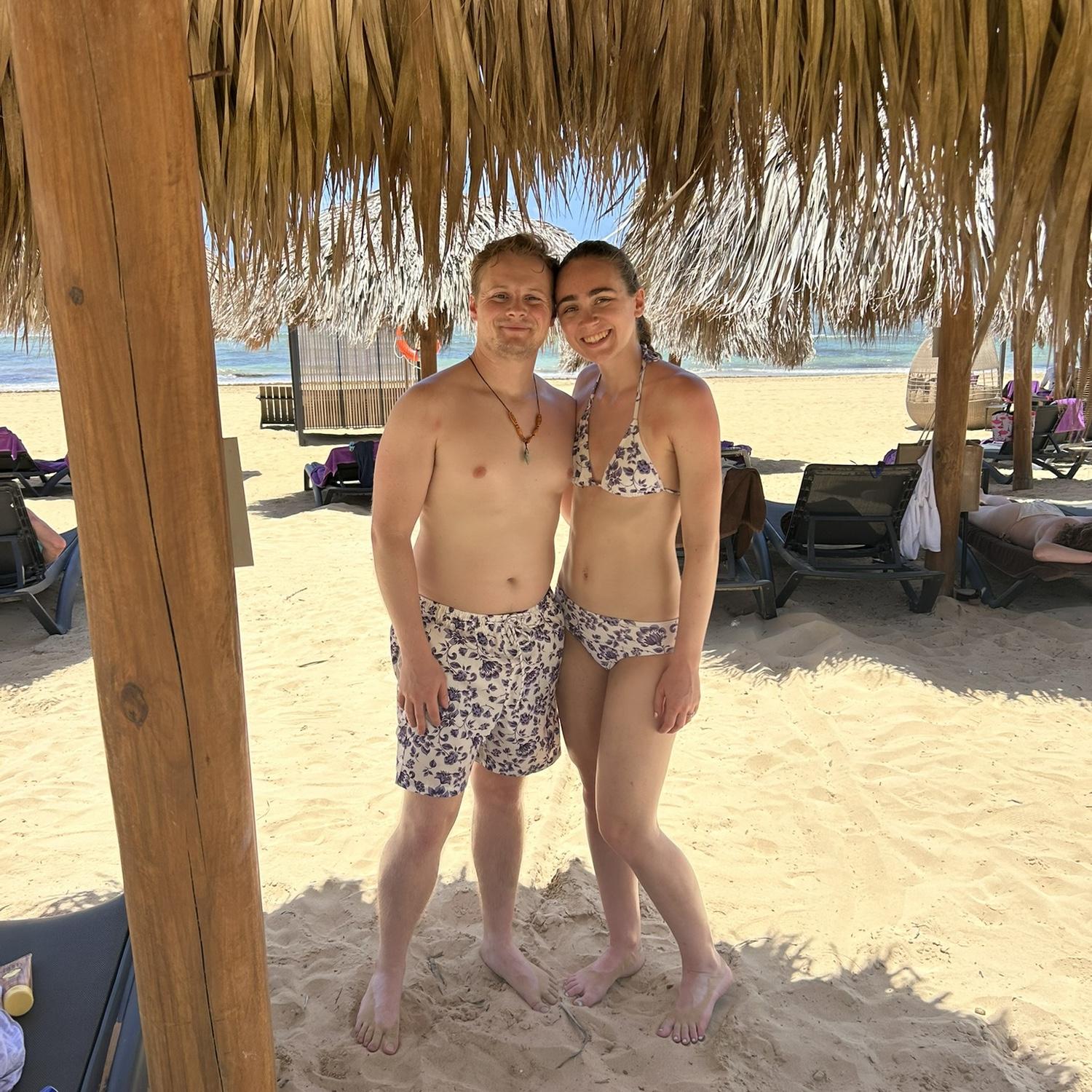After the Engagement, Kristen and Sean had a trip scheduled with Christian (groomsman) and Elise (bridesmaid) to Punta Cana. Kristen and Sean like finding matching bathing suits for their trips!
