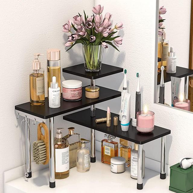 Bathroom Counter Organizer Corner Shelf - 3 Tier Bamboo Spice Rack Makeup Organizer Bookshelf Space Saving Rack Kitchen Bathroom Office, Black