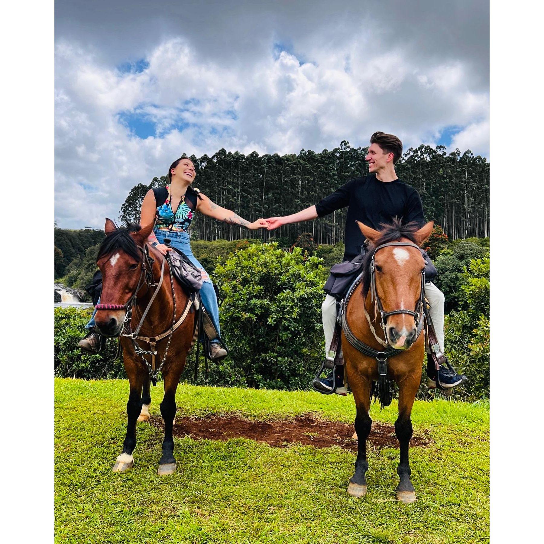 Celebrating Lindsay's 34th birthday on the Big Island in Hawaii. We rode wild mustang horses up the mountain to a waterfall to swim in. A true dream!