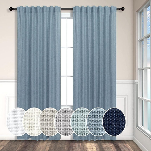 Blue Linen Curtains 84 Inch Length for Living Room 2 Panels Set Back Tab Rod Pocket Light Filtering Semi Sheer Grey Blue Curtains for Bedroom Country Farmhouse Stone Dusty Blue Gray Drapes 52x84 Long