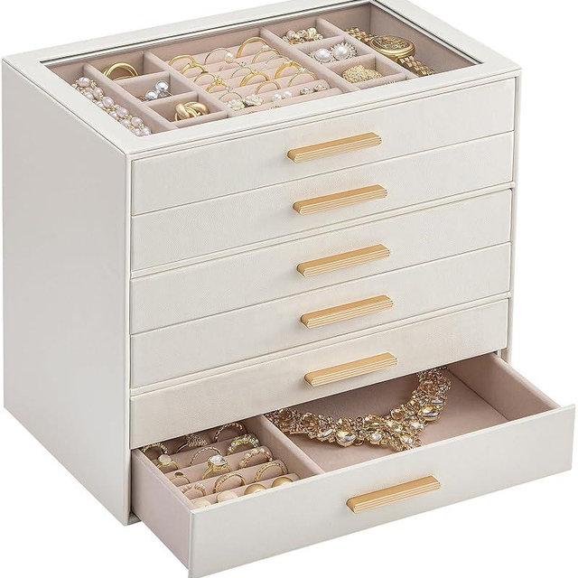 Lolalet Jewelry Box Organizer, 6-Layer Jewelry Organizers and Storage Case with Glass Lid, Ring Earring Bracelet Necklace Holder Organizer, Birthday Valentine Gifts for Women Girls -6Layer, Beige