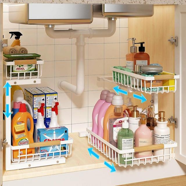 REALINN Under Sink Organizer, Height Adjustable Under Sink Organizers and Storage, 2 Tier Pull Out Drawer Cabinet Organizer for Kitchen Bathroom, 2 Pack, White