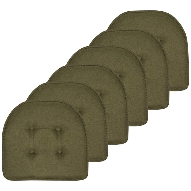 Sweet Home Collection Chair Cushion Memory Foam Pads Tufted Slip Non Skid Rubber Back U-Shaped 17" x 16" Seat Cover, 6 Pack, Army Green