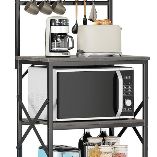 Furologee Kitchen Bakers Rack, Microwave Stand with Storage 4 Tiers, Coffee Bar Station with 6 S Hooks and Pegboard, Kitchen Shelves Rack for Spices, Pots, Black Oak