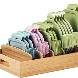 Umilife Kitchen Cabinet Organizer for Food Storage Container Lids, with Adjustable Dividers, Bamboo Drawer Caddy, Box for Kitchen Storage And Organization