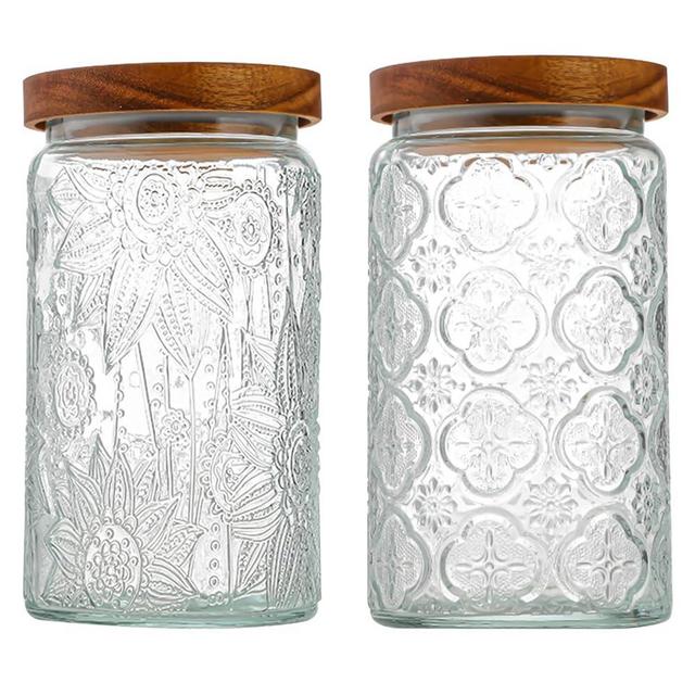 34 OZ/2 PCS Glass Storage Jar with Airtight Bamboo Wooden Lids, Vintage Food Containers Canisters Sets for Kitchen Counter Pantry, Sugar, Flour, Candy, Tea, Coffee Beans, Oats, Grain Bin, Pasta,