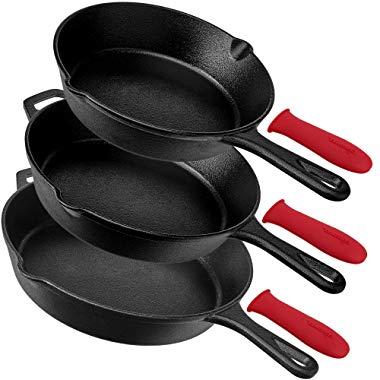 Pre-Seasoned Cast Iron Skillet 3-Piece Chef Set (8-Inch, 10-Inch, 12-Inch) Oven Safe Cookware - 3 Heat-Resistant Holders - Indoor & Outdoor Use - Grill, StoveTop, Black