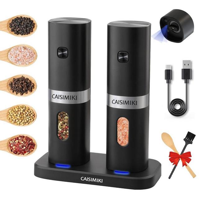 CAISIMIKI Electric Salt and Pepper Grinder Set Rechargeable Pepper Mill with Charging Base LED Light USB + Battery 2 IN 1, 𝟮𝟬𝟮𝟰 𝙉𝙚𝙬 Adjustable Coarseness One Hand Operated, 2 Pack