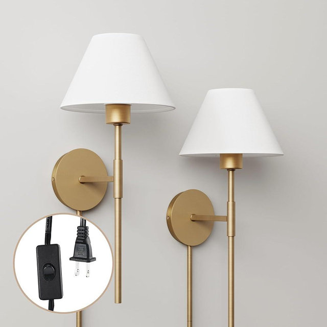 Nathan James Millie Plug-in Wall Sconce, Wall Mounted Bedside Reading Lamp with Cotton Shade and Brass Back Plate, Set of 2