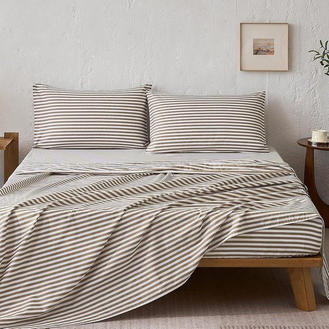 JELLYMONI 100% Cotton Bed Sheets Set – Tan and White Stripes, Queen Size, Soft Bedding with Deep Pocket Fitted Sheet, Flat Sheet & Pillowcases