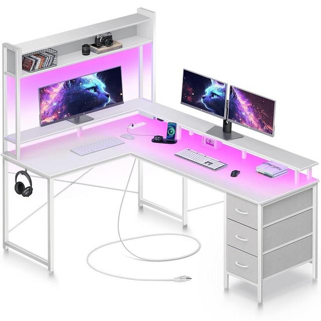 Seventable Computer Desk L Shaped with LED Lights & Power Outlet, 56" Reversible Gaming Desk with 3 Drawers & Storage Hutch, Home Office Desk with Monitor Stand, Corner Desk with Hook, White