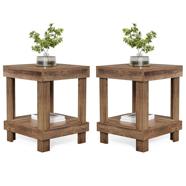 LITTLE TREE End Table Set of 2, All Wooden 2-Tier Square Side Table with Storage Shelves, Farmhouse Style Side End Table for Living Room, Small Bedside Table Nightstand for Bedroom, Reclaimed Natural