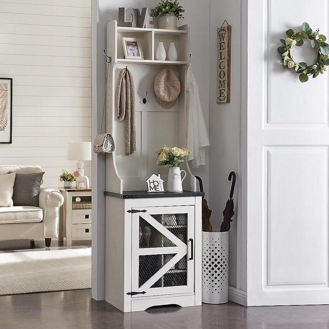 JXQTLINGMU Farmhouse Entryway Bench with Coat Rack, 6 Shoe Cubbies & 5 Coat Hooks Narrow Hall Tree with Shoe Storage Bench, Mudroom Storage Cabinet (White)