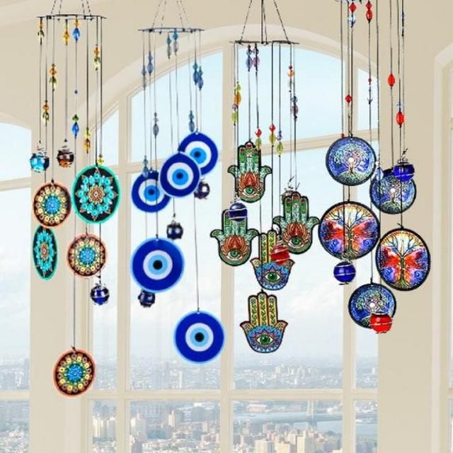 Boho Painted Glass Mandala Theme Wind Chime Window Suncatcher Memorial Outdoor Decor