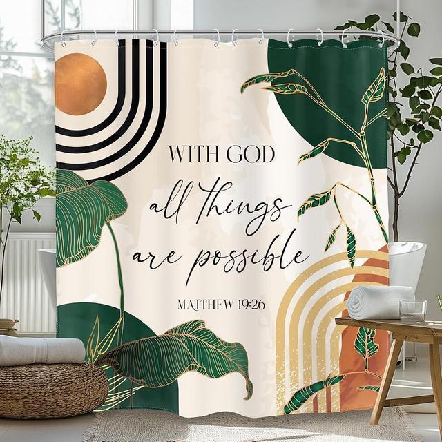 Glawry Green Boho Bible Verse Shower Curtain Christian Scripture Inspirational Quotes Abstract Tropical Palm Bathroom Mid Century 60Wx72L Inches Bath Accessories Art Home Decor Fabric 12 Pack Hooks