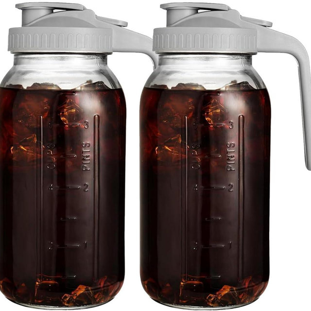 2 Pack 64 oz Glass Pitcher with Lid for Fridge, Half Gallon Pitcher with Lid, Leak Proof, Wide Mouth, 1/2 Gallon Glass Juice Jug for Ice Tea and Coffee (Gray)