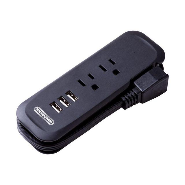 NTONPOWER 3-Port USB Power Strip with 2 Outlets Wrap Winder Design Mini Travel Charger with Right Angle Flat Plug and 15 inches Short Extension Cord for Nightstand Conference Center Library - Black