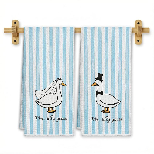 FGFK Mr and Mrs Goose Blue Striped Kitchen Towels 16x24 Inch, Wedding Gifts for Couples Newlyweds Dish Tea Towels for Kitchen Decor, Just Married Gifts Decorative Hand Towel for Bathroom, Set of 2