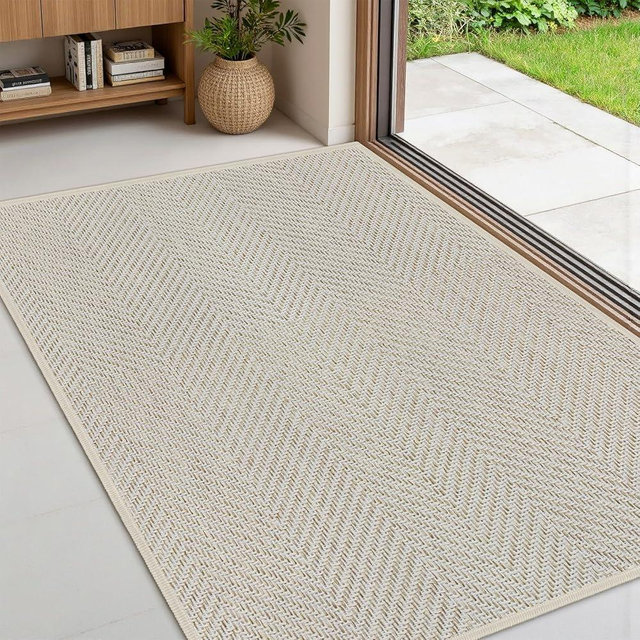 ENHASIV Ultra Thin Indoor Door Mat 24"x36", Washable Door Mat Indoor Entrance, Non Slip Rubber Backing Doormat Low-Profile Inside Entryway Mat, Unique Herringbone Design Entry Mat, Khaki (FOLD)