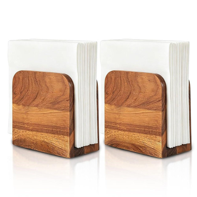 Rockswan 2 Pack Napkin Holder for Table, Acacia Wood Upright Napkin Holders for Kitchen Countertop, Wooden Standing Paper Napkin Dispenser of Rustic House for Dining Room Decor, Cocktail Party