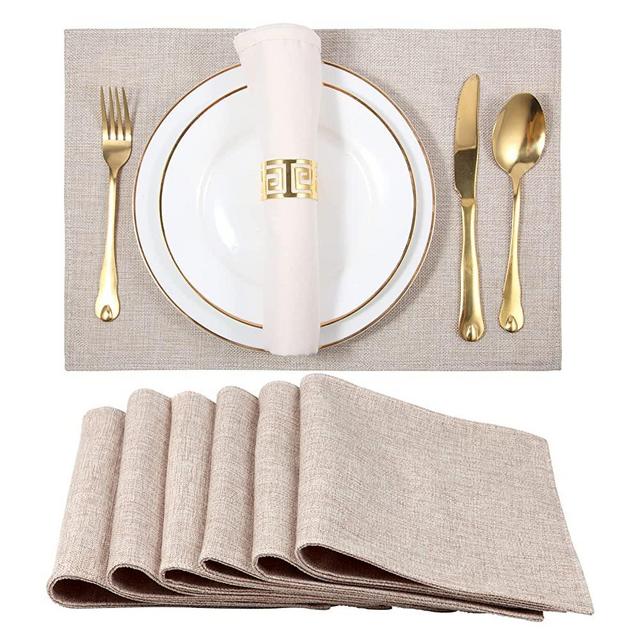 SLKQG Cloth Placemats Set of 6 - Easy to Clean Linen Style Fabric Placemats - Machine Washable Placemats- Heat Resistant Non-Slip Table Mats - 12x17 Inch(Linen, 6pcs)