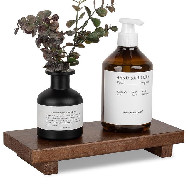 Bathroom Counter Organizer Wood Pedestal Stand Farmhouse Decorative Tray Soap Holder for Kitchen Decor, Large 10" x 4.5" - Walnut