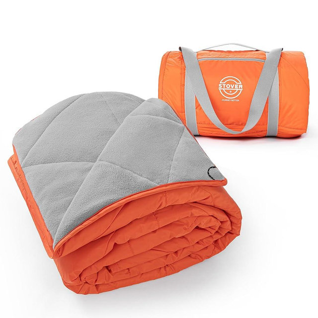 STOVER Large Waterproof Outdoor Stadium Blanket- Extra Thick Soft Fleece Camping Blanket for Travel, Picnics, Sports, Dogs- 79"x55" Warm, Windproof, Sand-proof, Lightweight, Packable (Game Day Orange)
