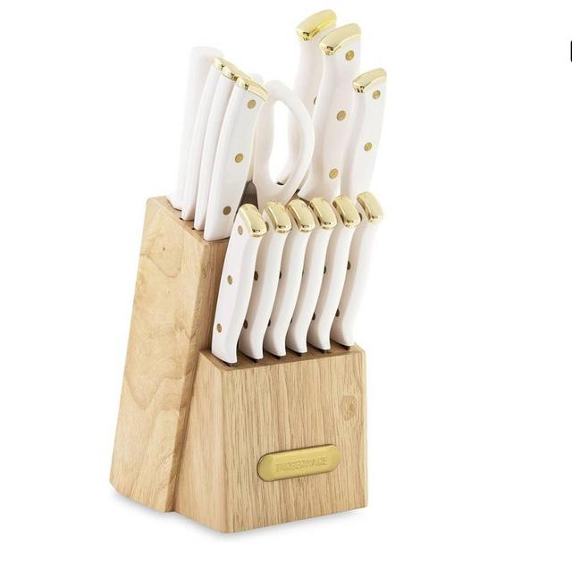 Farberware 15-Piece Triple Riveted Knife Block Set, High Carbon-Stainless Steel Kitchen Knives, Razor-Sharp Knife Set with Wood Block, White and Gold