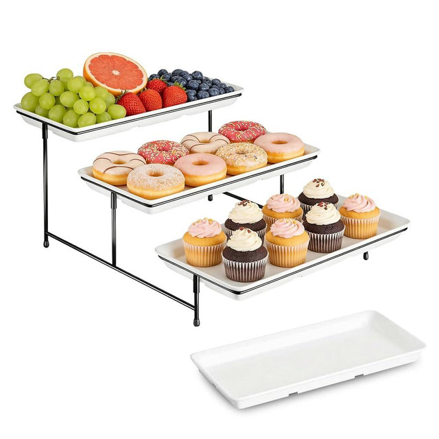 4-Tier White Melamine Dessert Cake Stand, 14"x7" Snack Display Rack with Black Foldable Metal Stand, Detachable & Space-Saving, Easy to Assemble & Clean, Food-Safe for Party, Wedding, Family Gathering