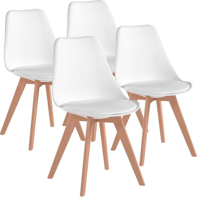 Hesham Side Chair Set of 4 Dining Kitchen Mid-Century Modern Dining Chairs with Wood Legs and PU Leather Cushion for Living Room Bedroom Outdoor Lounge, Kitchen, White