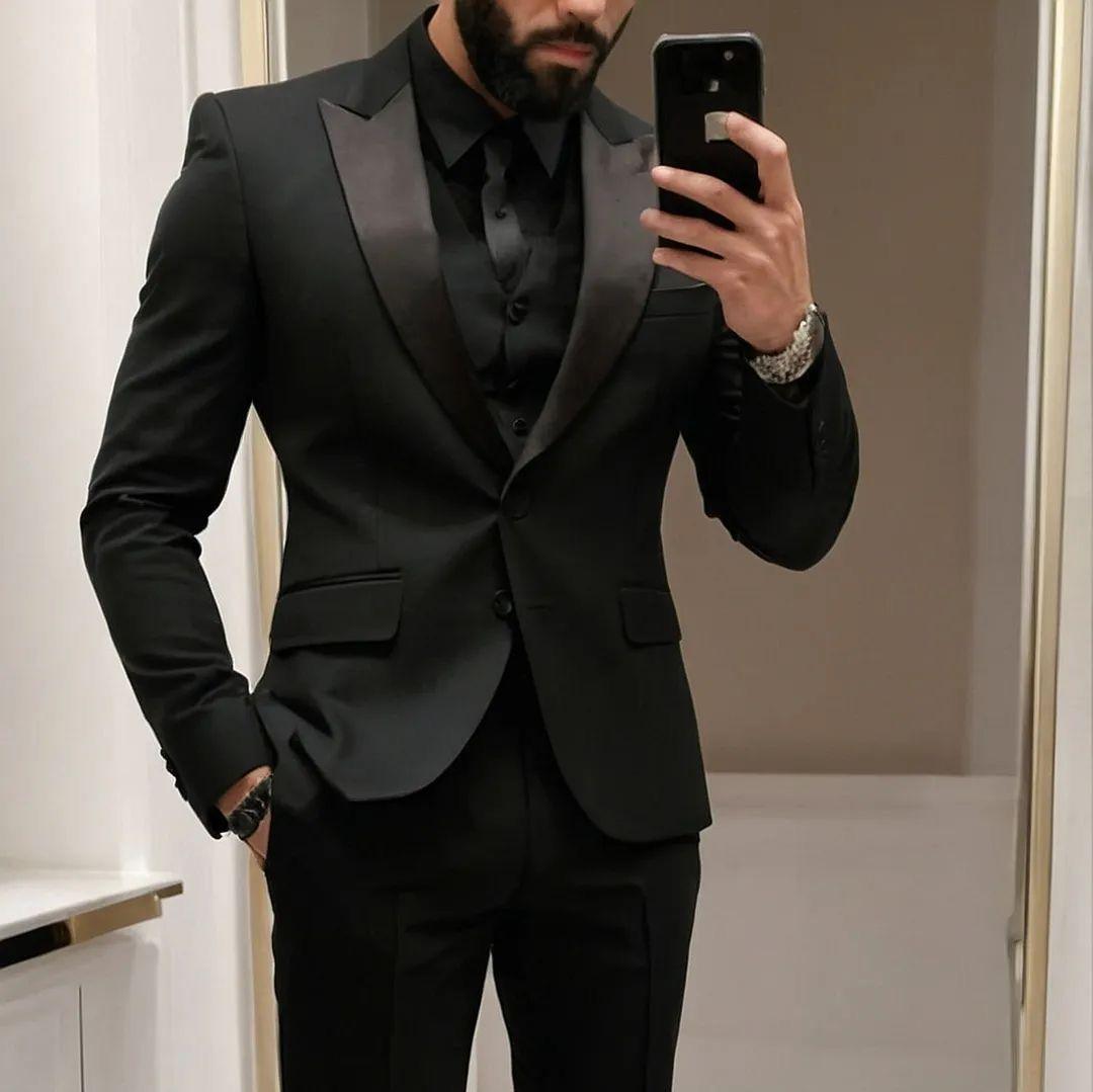 Suits/Tuxes: All black! Jacket, long sleeve shirt, tie or bowtie, pants, belt, shoes, and socks. Classic, sleek, and stylish!