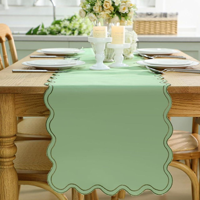 Windkream Scalloped Edge Table Runner 70 Inches Preppy Embroidery Edge Table Runner Cute Neutral Rustic Dining Decor for Kitchen(Moss Green,Sage Green)
