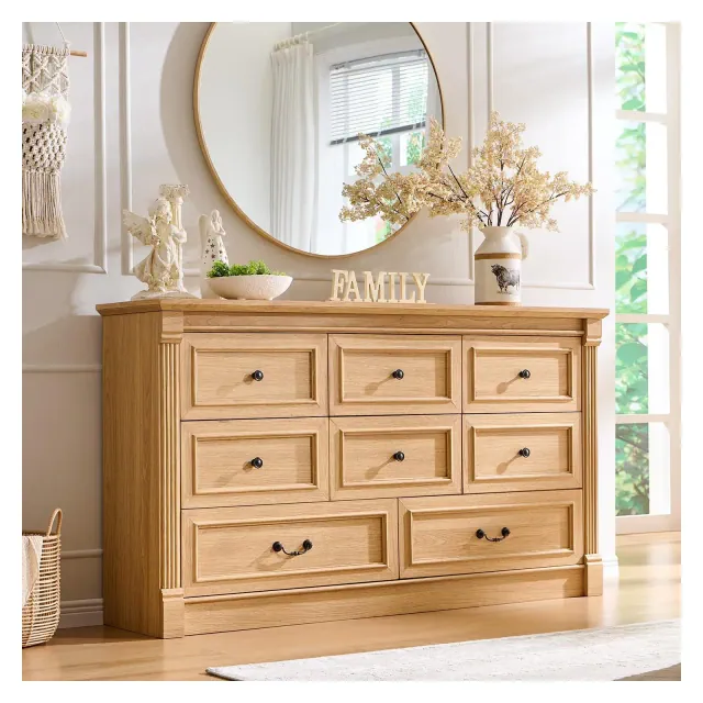 SinCiDo 8 Drawers Dresser for Bedroom, Farmhouse 61" Wide Tall Dressers w/Roman Column, Natrual